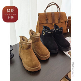 小耳出品 内里羊毛刺绣雪地靴 加绒加厚防滑橡胶底保暖棉鞋短靴女