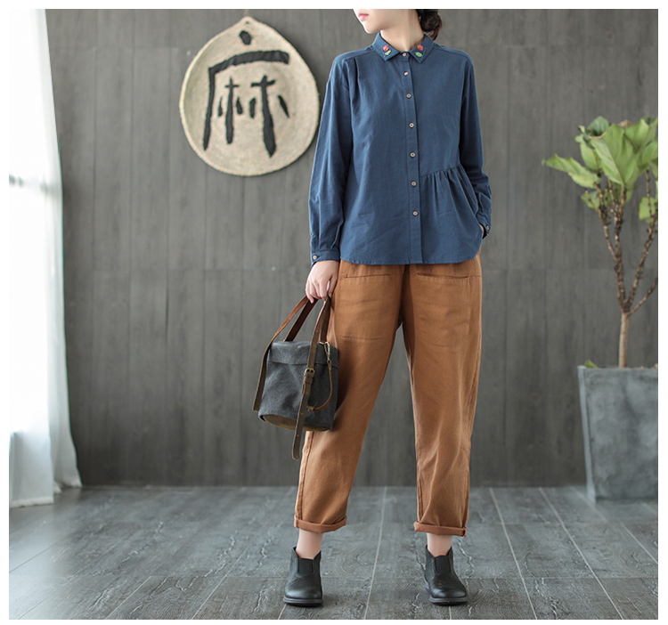 11 sản xuất 2018 mùa thu mới màu rắn văn học cotton giản dị quần nữ retro quần harem lỏng lẻo quần jean nữ ống rộng