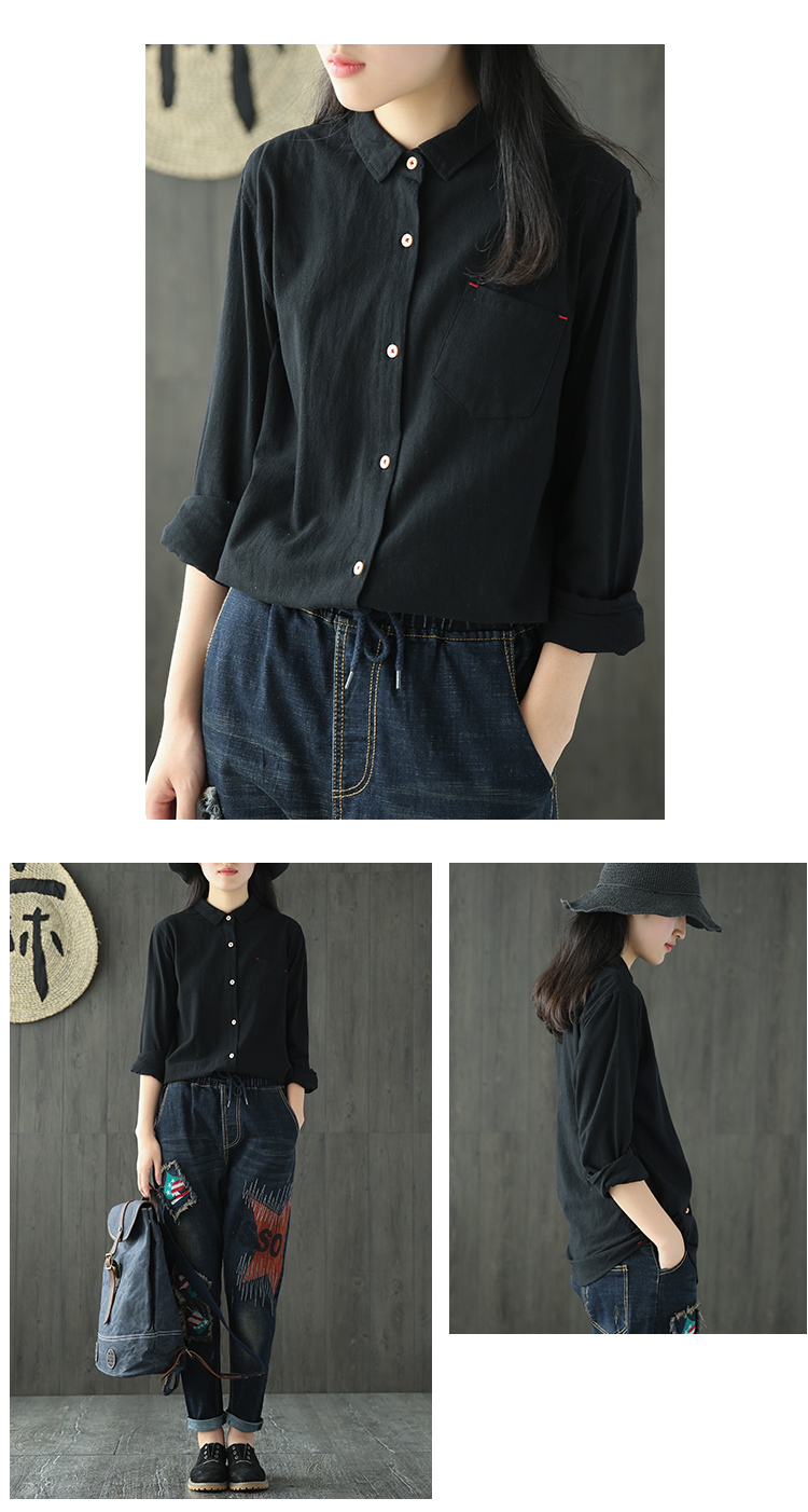 Tai nhỏ sản xuất áo sơ mi retro màu đen hoang dã mùa xuân và mùa thu cotton và áo sơ mi vải lanh dài tay áo sơ mi nữ giản dị áo sơ mi nữ dài tay cá tính