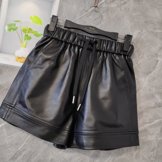 New Genuine Leather Pants Women's Elastic Waist Casual Versatile Wide Leg Pants A-Line Pants Boot Pants Shorts Fashionable Versatile Slimming