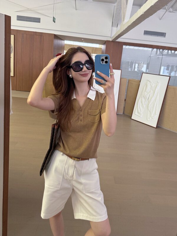 Oni~Summer New Old Money Style Patchwork Wool Knit Short-Sleeve Polo Shirt 5756 Oni~Summer New Old Money Style Patchwork Wool Knit Short-Sleeve Polo Shirt 5756