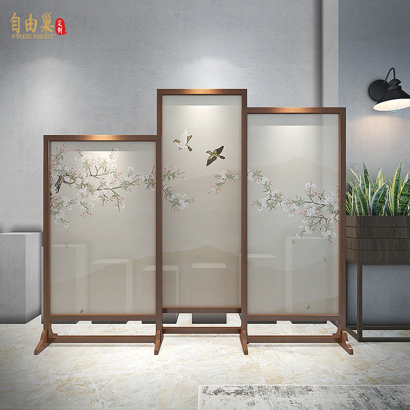 New Chinese style flower and bird log screen partition to block the living room hotel restaurant entrance porch semi-permeable fabric seat screen