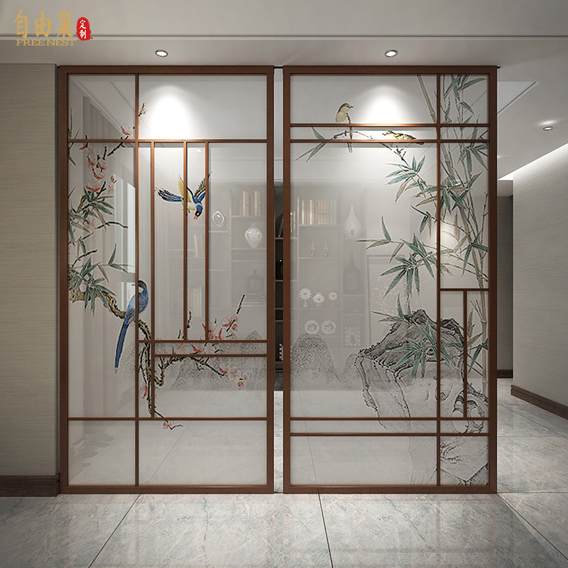 New Chinese flower bird screen partition decoration living room library hotel blocking entry to the seamless tea room fabric