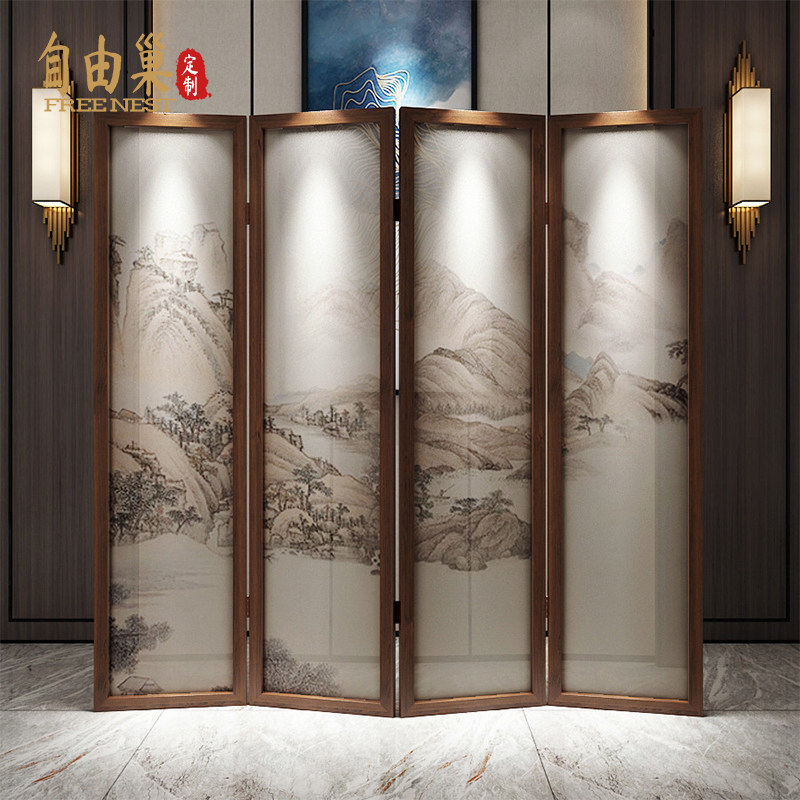 New Chinese screen partition living room bedroom room Ancient wind and water background wall folding mobile office folding