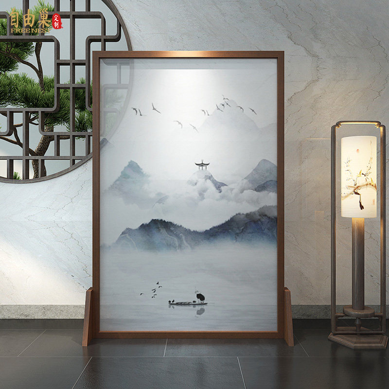Modern Chinese solid wood screen partition Decorative Living Room Hotel Entrance to the family Xuanguan Mobile Semi-overdraft Cloth Art Landscape screen 