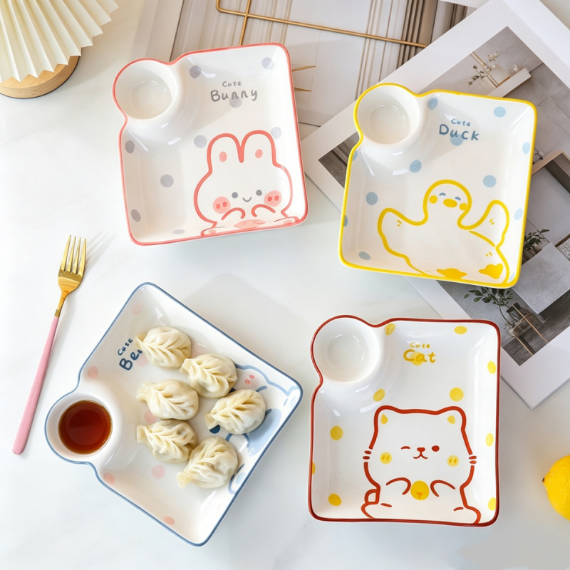 Ceramic Cartoon Dumpling Plate with Vinegar Dish for Eating French Fries, Household Children's Breakfast Plate, Trendy Divided Plate for Eating Dumplings Ceramic Cartoon Dumpling Plate with Vinegar Dish for Eating French Fries, Household Children's Breakfast Plate, Trendy Divided Plate for Eating Dumplings