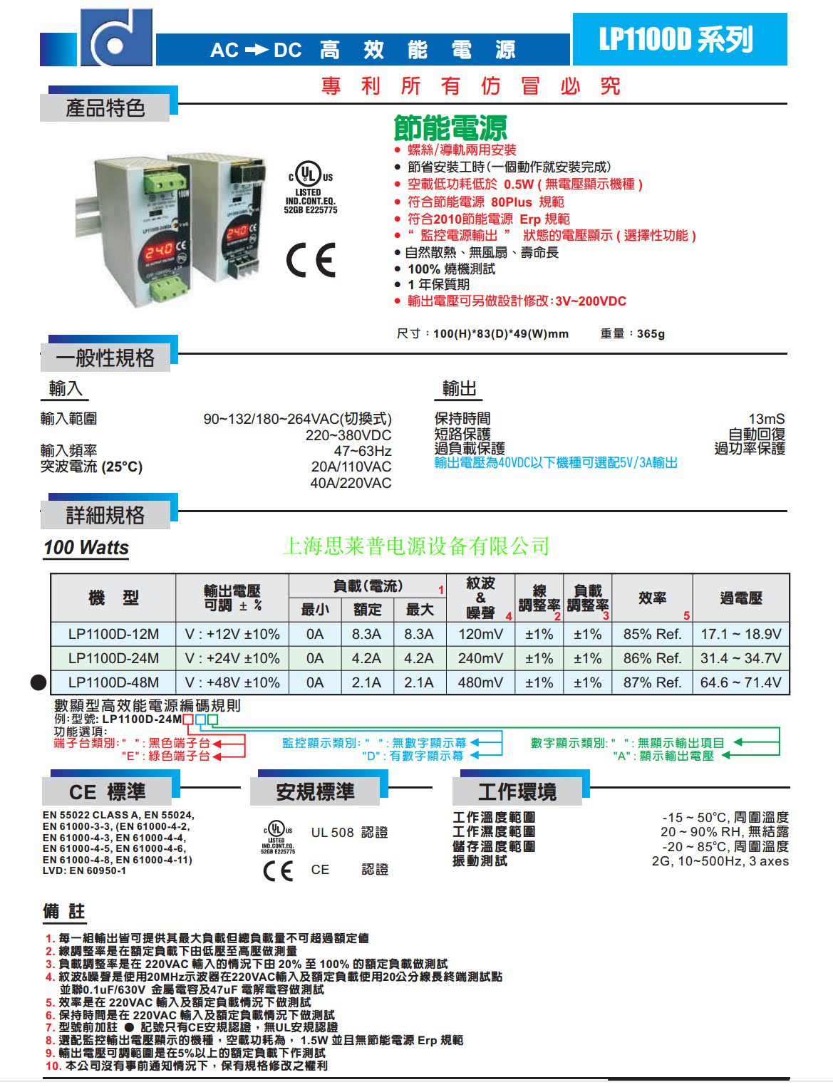 REIGNPOWER LP1100D-24M Rail type switching power supply 100W/24V/4.2A Voltage re