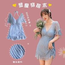 Swimsuit female summer big chest fat sister large size fat mm long conservative one-piece cover belly swimming fairy seaside swimsuit