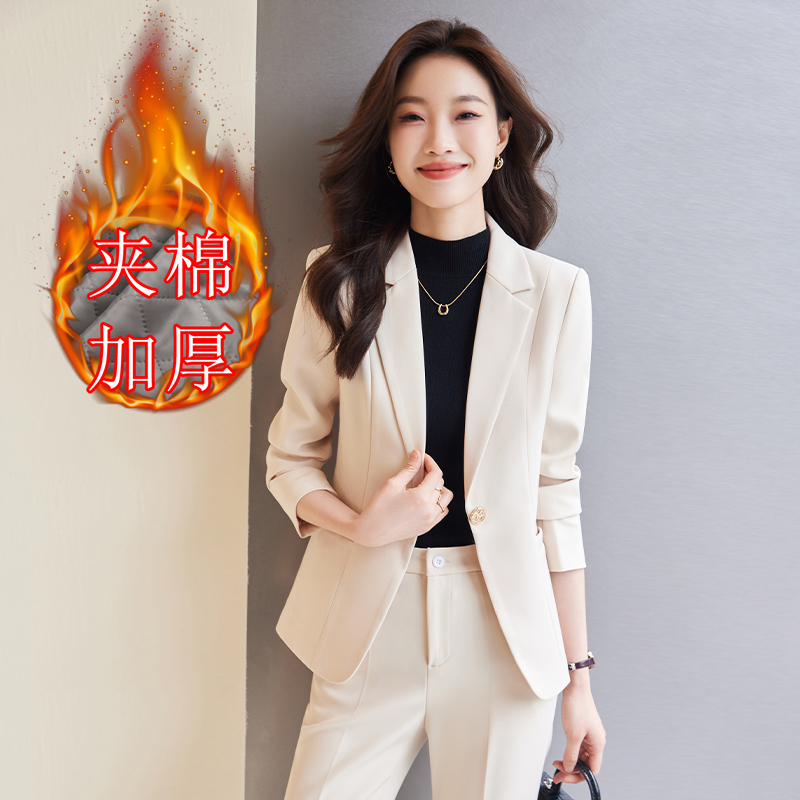 Professional Off-White Suit Set for Petite Women, 2025 Autumn and Winter New Style Workwear, Padded and Thickened Suit Jacket