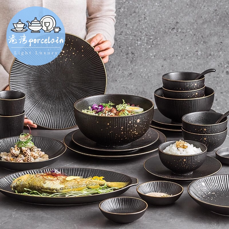 Harbor Ceramics Japanese-Style Tableware Set, Light Luxury High-End Black Gold Tableware, Bowl and Plate Set, Soup Bowl, Black Bowlware Harbor Ceramics Japanese-Style Tableware Set, Light Luxury High-End Black Gold Tableware, Bowl and Plate Set, Soup Bowl, Black Bowlware