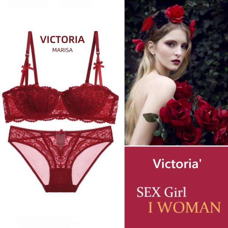 Victoria Marisa Sexy Bra Set, Red Half-Cup Thin Bra for Small Bust, Push-Up Wedding Lingerie for Women