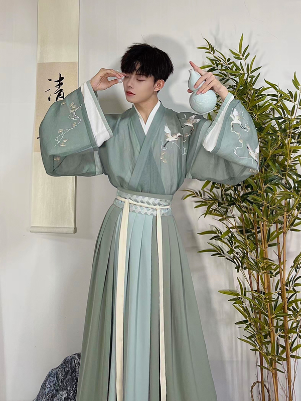 Yuyue Siyi Bureau's Original Hanfu [Muqing] Spring and Autumn Elegant Green Embroidered Jin-Style Skirt, Unisex New Model
