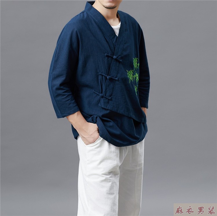 2018 mùa thu mới thêu tre ba khóa quần áo kiểu Trung Quốc Hanfu nam in họa tiết cổ chữ v trang phục dân tộc thái