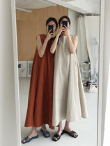 New pure cotton A-word dress relaxed Korean version long dress casual niche 100 lap pure color sleeveless round collar dress dress