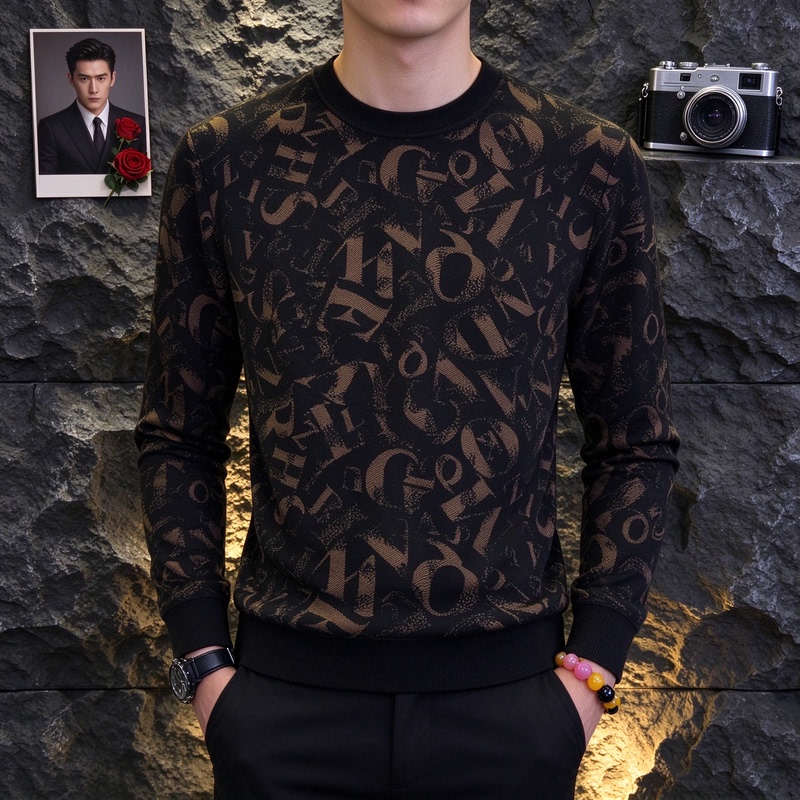 High-End Autumn New Style Knitted Round-Neck Sweatshirt for Men, Fashionable Jacquard Trendy Base Shirt Men's Clothing 6659