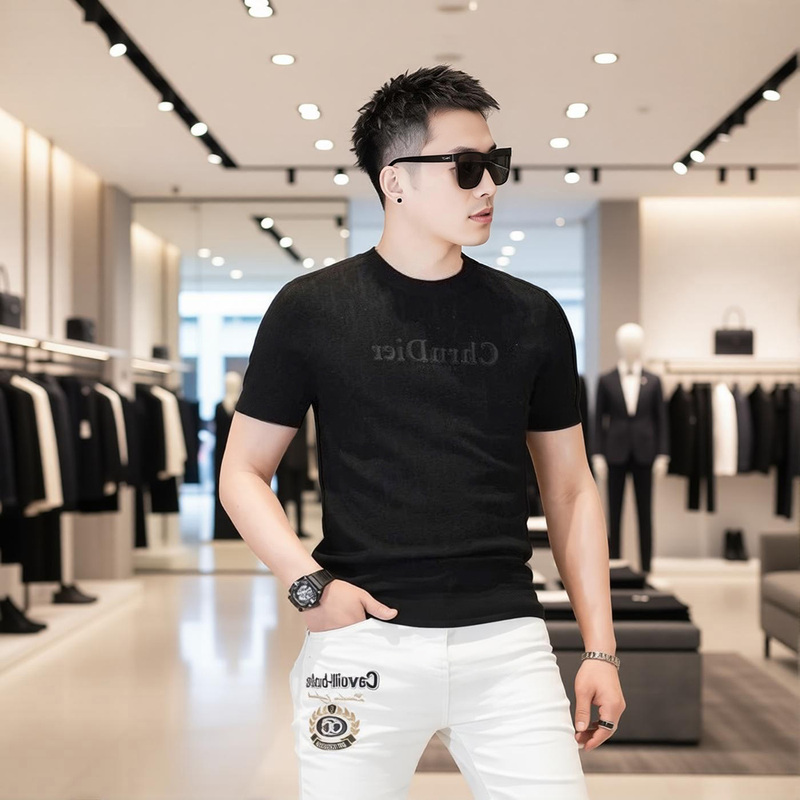 2025 Winter New European Style Letter Jacquard Stylish Crew Neck Short Sleeve T-Shirt Men's Knitwear Knitted Short Sleeve Men's Top
