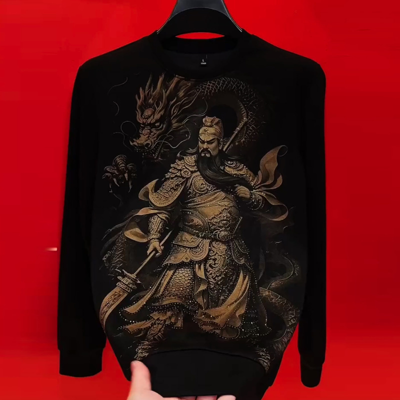 【High Quality】Trendy Brand New Guan Yu Graphic Men's T-Shirt Slim Fit Casual Trendy Personality Autumn/Winter Chinese Style