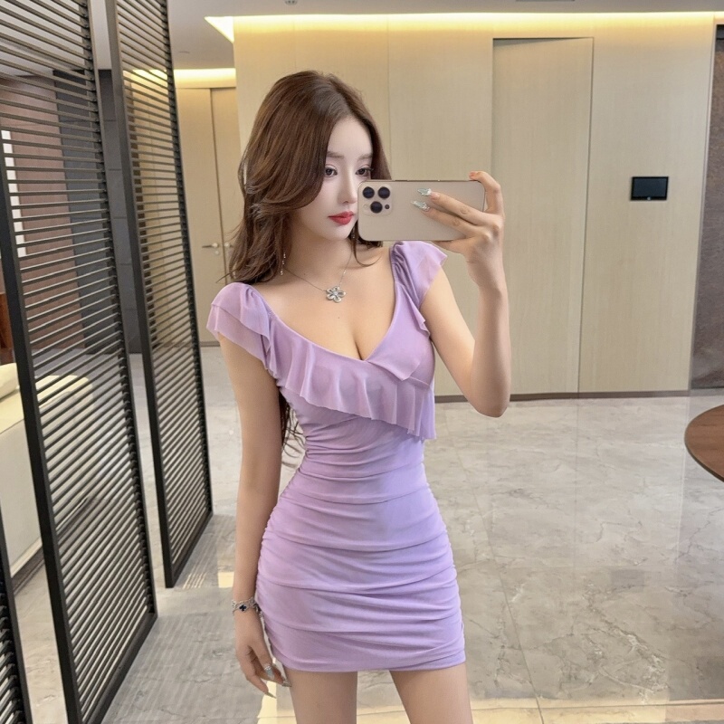Nightclub Technician Foot Massage Work Uniform Deep V-Neck Mesh Low-Cut Ruffled Short-Sleeve Bodycon Dress