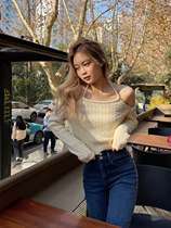 today on pure desire wind hanging neck ruffles shoulder small hemp flower sweater woman inside lap design sense harnesses knit cardigan blouse