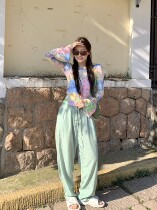 Today on] Spring paragraph Loose Outline Grey Green Casual Long Pants Woman Thin section Pants High Waist Commuter Woman