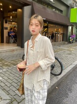 Today on] thin cotton linen shirt female summer lazy simple solid color small man gentle wind temperament long sleeve