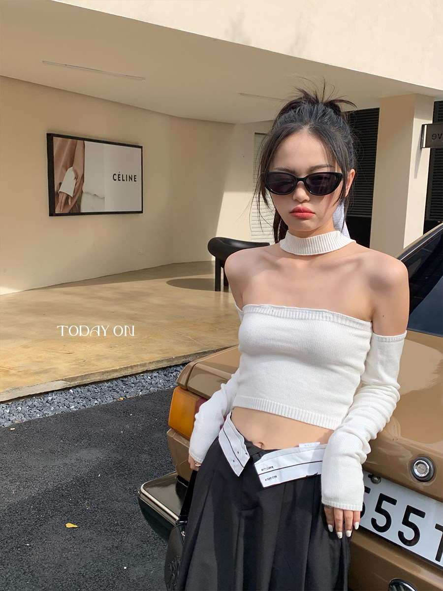 Today on Design Sleeve Knit Sweater Slim Fit Pure Desire Style Can Wear Two Outer Neck Top Women's Autumn Style