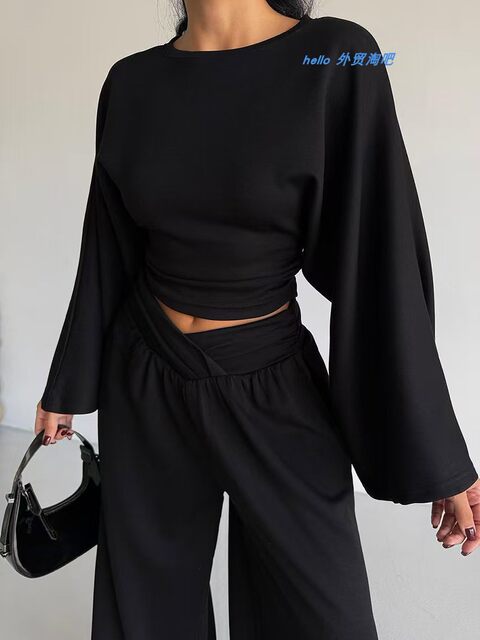 European and American Style New Waist-Cinching Bell-Sleeve Top and Wide-Leg Pants Casual Fashion Set Top and Pants Set