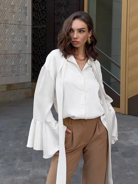 European and American Style Satin Flared Sleeve Lace-Up Shirt