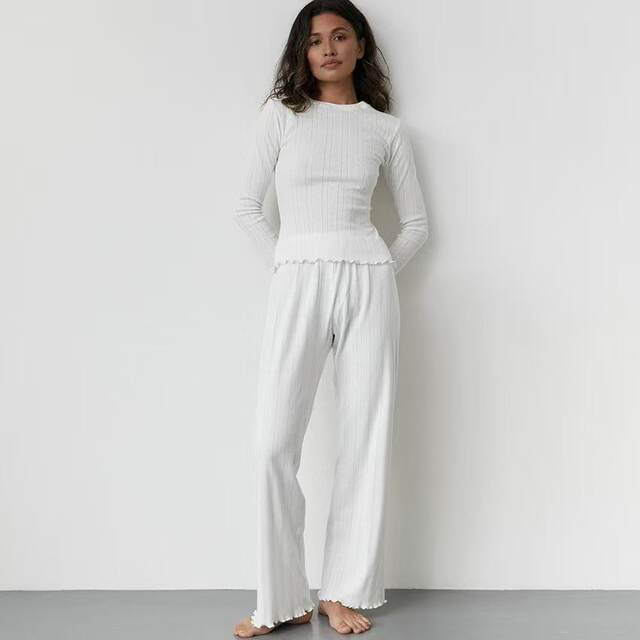 European and American New Style Knitted Hollow-Out Heart Jacquard Top and Pants Set Loungewear