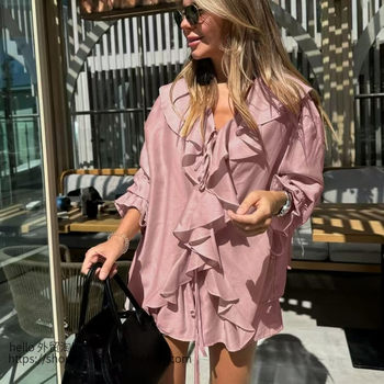 European and American Style Ruffled Lace-Up Shirt and Shorts Two-Piece Set Lotus Leaf Top and Shorts Set