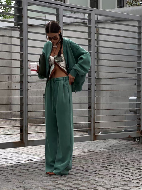 European and American style zipper long-sleeved loose sweatshirt high-waisted straight pants set Loose top and pants set