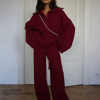 European and American Style Solid Color Half-Zip Sweater and Pants Set