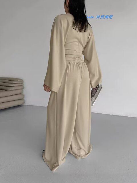 European and American Style New Waist-Cinching Bell-Sleeve Top and Wide-Leg Pants Casual Fashion Set Top and Pants Set