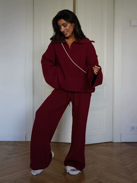European and American Style Solid Color Half-Zip Sweater and Pants Set