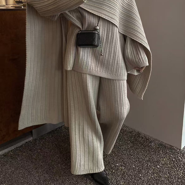 European and American Style New Fashion Shawl Knit Sweater Casual Pants Set Knitted Three Piece Set