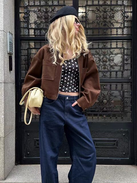 European and American Style New Fashion Loose Lapel Long-Sleeve Short Zipper Jacket Coat