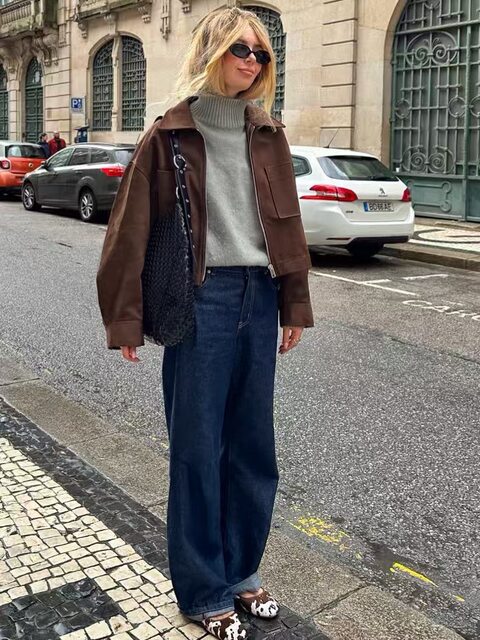 European and American Style New Fashion Loose Lapel Long-Sleeve Short Zipper Jacket Coat