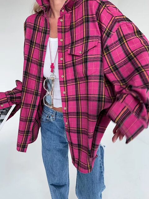 European and American Style Fashion Loose-Fitting Rose Red Plaid Long-Sleeved Shirt