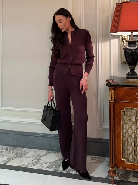 European and American style new casual knitted cardigan sweater trousers set Knitted top and pants set