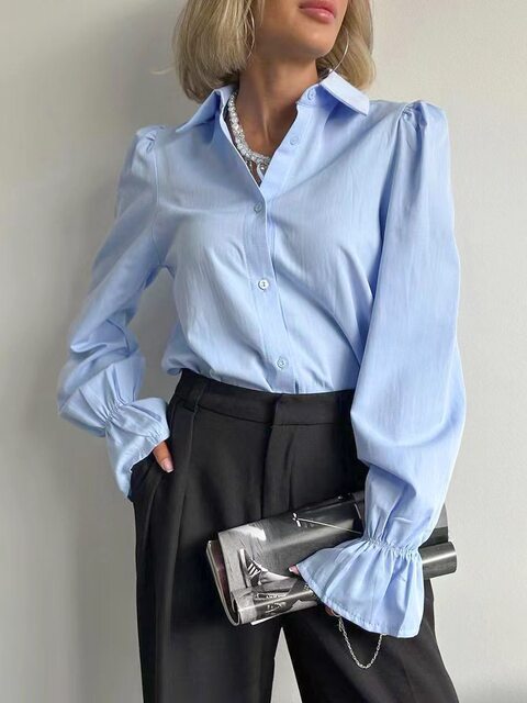 European and American Style Simple and Versatile Slim-Fit Top with a Turn-Down Collar and Flared Sleeves Fashion Shirt Flared Sleeve Shirt