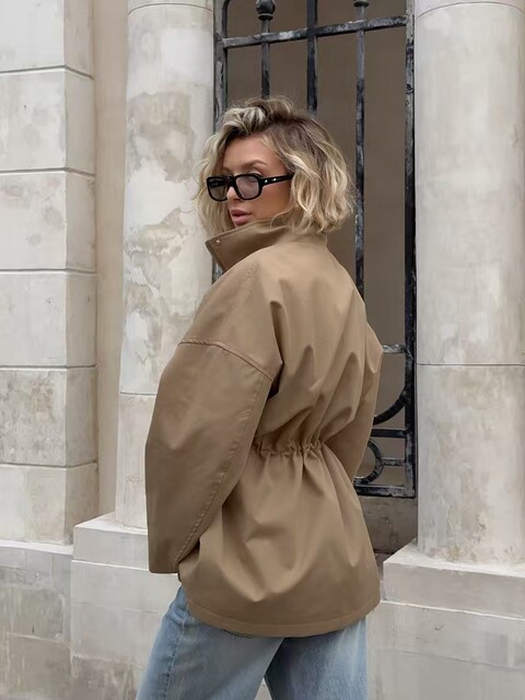 European and American Style New Fashion Casual Loose Drawstring Waist Windbreaker Jacket