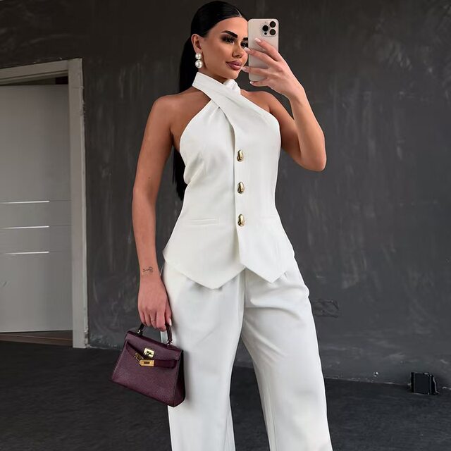 New European and American fashionable neck hanging vest and pants set Neck hanging vest and pants set