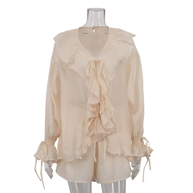 European and American Style Ruffled Lace-Up Shirt and Shorts Two-Piece Set Lotus Leaf Top and Shorts Set
