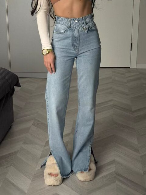 European and American Style Fashion Casual Irregular Waist Design Jeans with Slit Flared Pants Denim Casual Pants