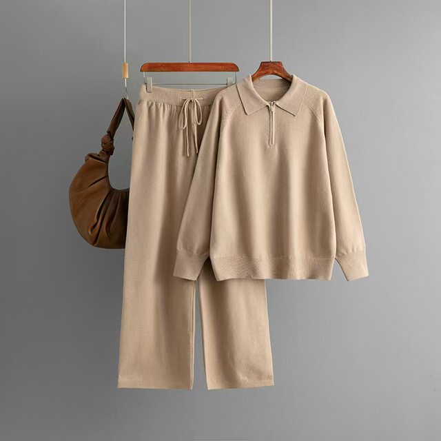 European and American New Fashion Half-Zip Lapel Knit Sweater and Pants Set