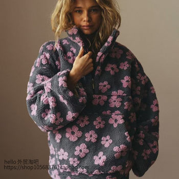 European and American Fashion Casual Loose Fleece Floral Pullover Sweatshirt Top Loose Half Zipper Top