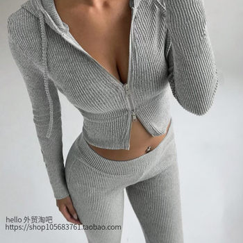 European and American Style New Solid Color Slim-Fit Zip-Up Hooded Top and Casual Pants Two-Piece Set