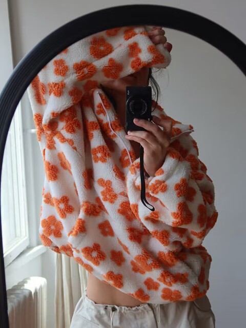 European and American Fashion Casual Loose Fleece Floral Pullover Sweatshirt Top Loose Half Zipper Top