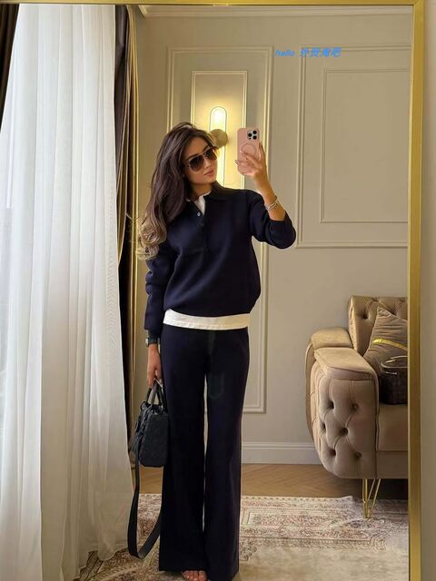 European and American Style Solid Color Lapel Button Knit Top and Pants Set