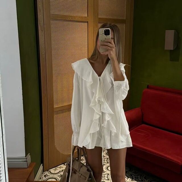 European and American Style Ruffled Lace-Up Shirt and Shorts Two-Piece Set Lotus Leaf Top and Shorts Set